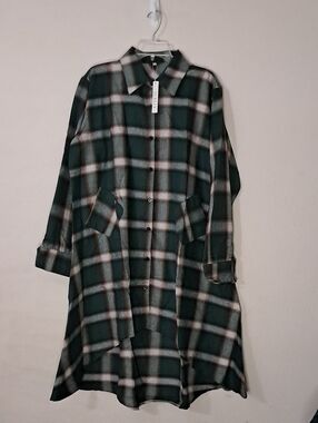 Plaid High-Low Shirt Dress - Forest Green